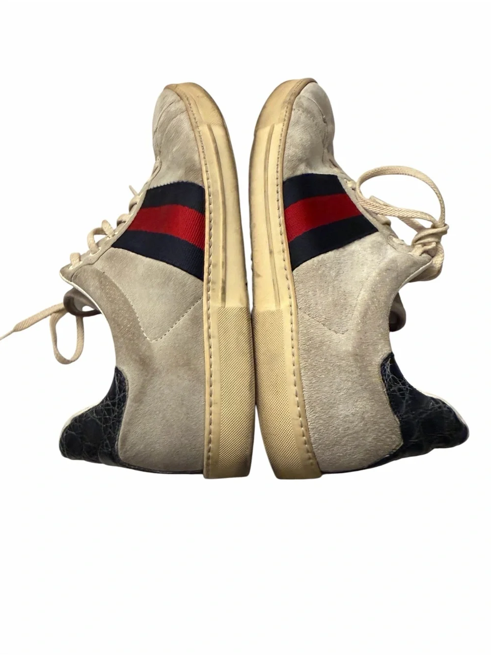 Gucci Beige Suede Sneakers with Red & Navy Web Stripe,pre-owned,SZ 8